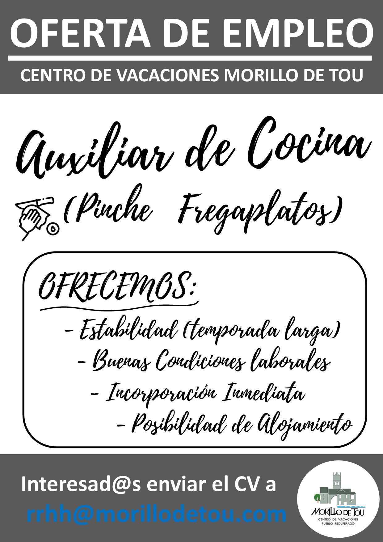 SE BUSCA AUXILILAR DE COCINA (Pinche Fregaplatos) - CENTRO DE VACACIONES MORILLO DE TOU